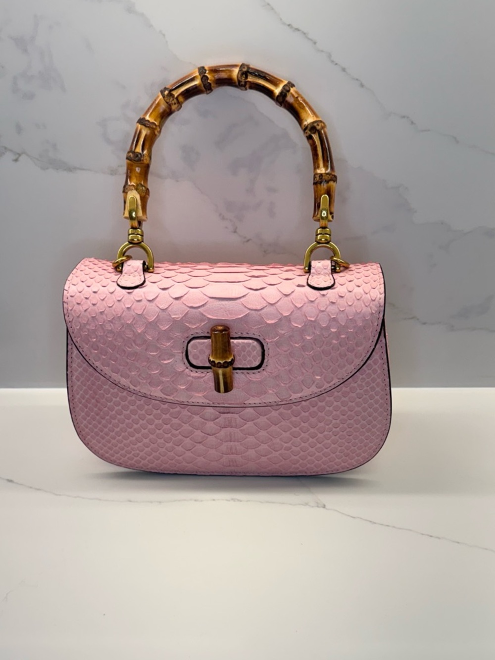 Pink Python-Texture Bamboo Handle Shoulder Bag